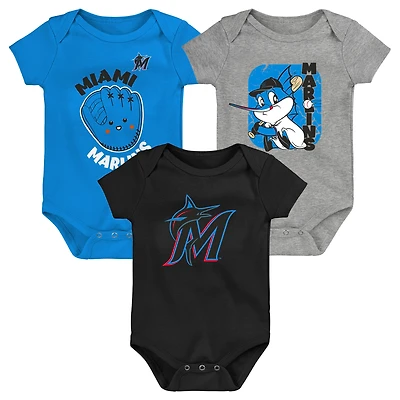 Lot de 3 combinaisons changeantes Miami Marlins bleu/noir/gris chiné pour nouveau-né et nourrisson