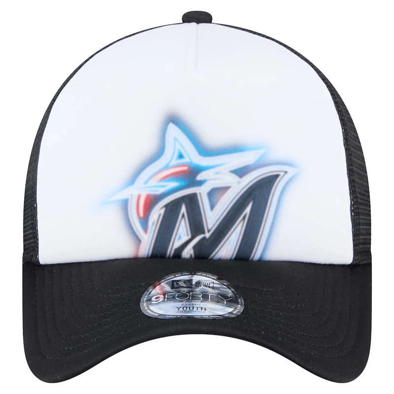 Casquette ajustable New Era blanche/noire peinte en A 9FORTY pour tout-petit des Marlins de Miami