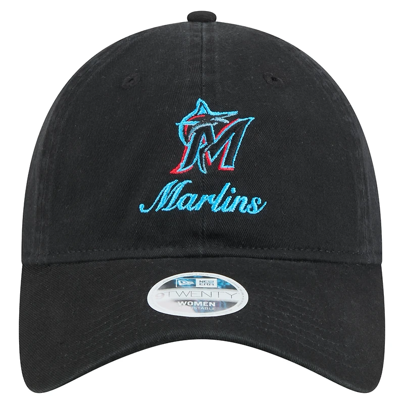 Casquette ajustable New Era noire Miami Marlins Preppy Team 9TWENTY pour femme