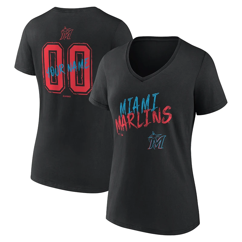 Women's Black Miami Marlins Hustle Personalized Name & Number V-Neck T-Shirt