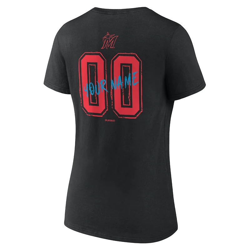 T-shirt à col en V personnalisé avec nom et numéro Miami Marlins Hustle noir pour femmes