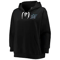 Women's Black Miami Marlins Plus Lace-Up V-Neck Pullover Hoodie