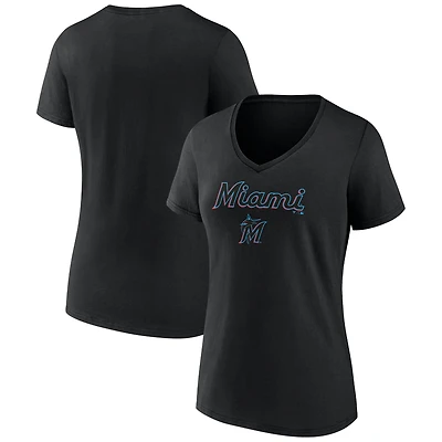 Women's Black Miami Marlins Team Lockup V-Neck T-Shirt