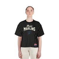 Women's New Era Black Miami Marlins Cooperstown Collection Multiplier Pinstripe Cropped T-Shirt