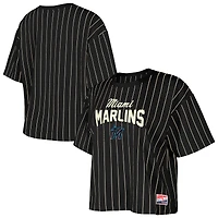 T-shirt court à rayures noires pour femme New Era Miami Marlins Cooperstown Collection Multiplier