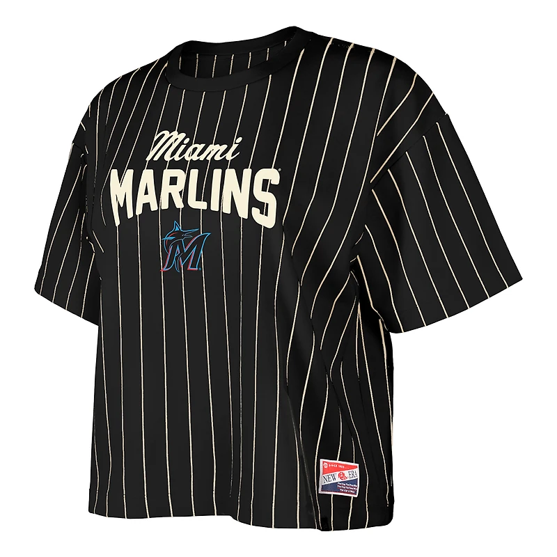 Women's New Era Black Miami Marlins Cooperstown Collection Multiplier Pinstripe Cropped T-Shirt