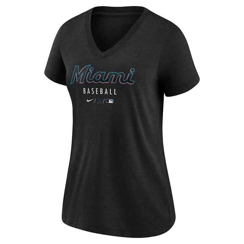 T-shirt à col en V Nike noir chiné pour femme, collection authentique des Marlins de Miami