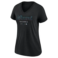 T-shirt à col en V Nike noir chiné pour femme, collection authentique des Marlins de Miami