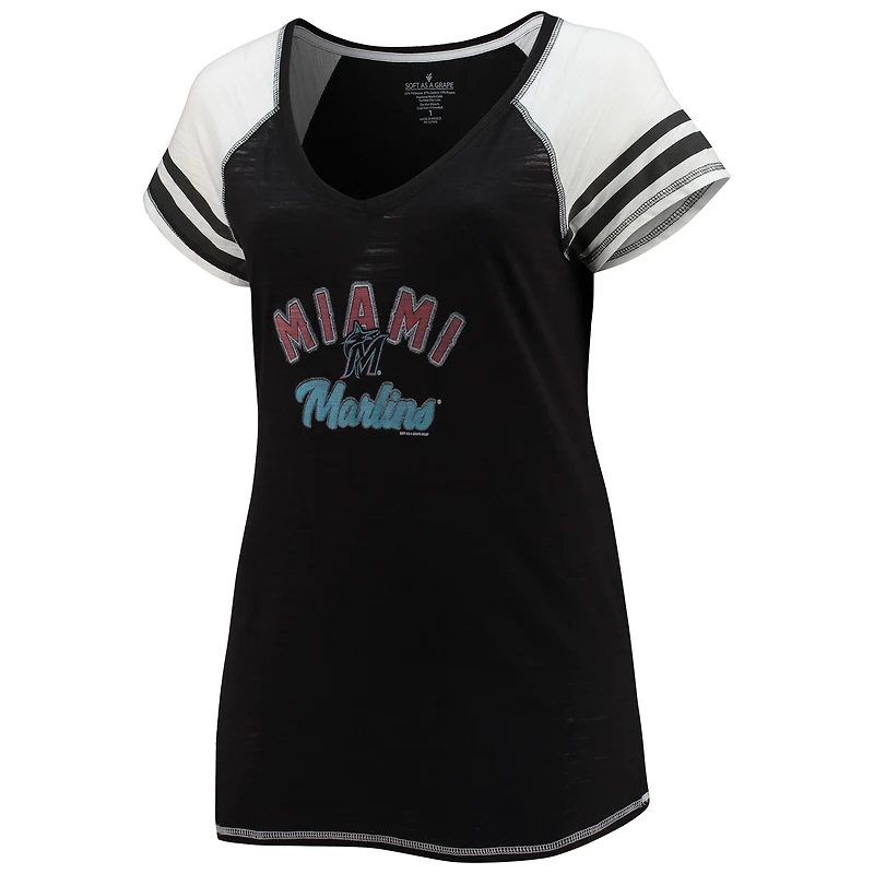 Women's Soft as a Grape Black Miami Marlins Curvy Color Block Tri-Blend Raglan V-Neck T-Shirt