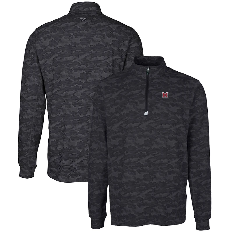Pull-over extensible à imprimé camouflage Traverse pour homme, noir, avec fermeture éclair quart de tour, des RedHawks l'Université Miami, couleur grande et taille, Cutter & Buck