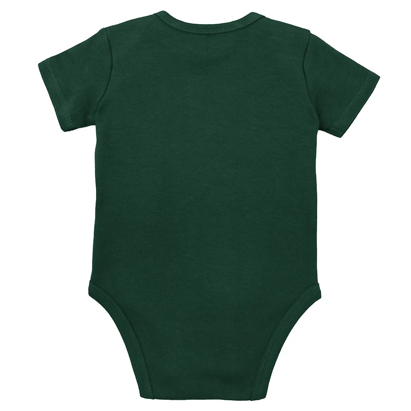Ensemble de 3 pièces Mitchell & Ness vert/gris chiné pour bébé, comprenant un body, bavoir et des chaussons aux couleurs Spartans l'Université d'État du Michigan.