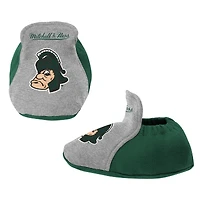 Ensemble de 3 pièces Mitchell & Ness vert/gris chiné pour bébé, comprenant un body, bavoir et des chaussons aux couleurs Spartans l'Université d'État du Michigan.