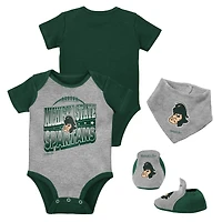 Ensemble de 3 pièces Mitchell & Ness vert/gris chiné pour bébé, comprenant un body, bavoir et des chaussons aux couleurs Spartans l'Université d'État du Michigan.