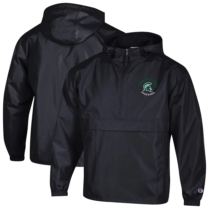 Veste coupe-vent à capuche demi-zip pliable Champion noire pour homme, Michigan State Spartans