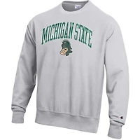 Men's Champion Gray Michigan State Spartans Distressed Arch Over Logo Reverse Weave Crew Neck Sweatshirt