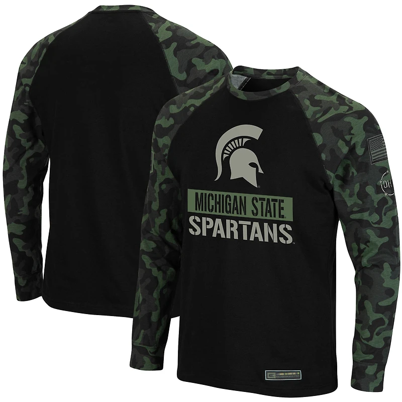 T-shirt à manches longues raglan grandes tailles Colosseum noir/camouflage Michigan State Spartans OHT Military Appreciation pour hommes