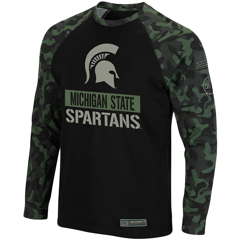 T-shirt à manches longues raglan grandes tailles Colosseum noir/camouflage Michigan State Spartans OHT Military Appreciation pour hommes