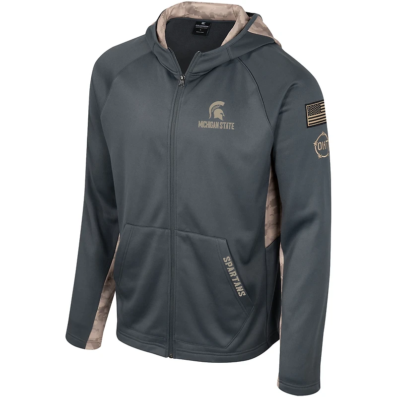 Sweat à capuche entièrement zippé Colosseum Charcoal Michigan State Spartans OHT Military Appréciation Camo Raglan pour hommes
