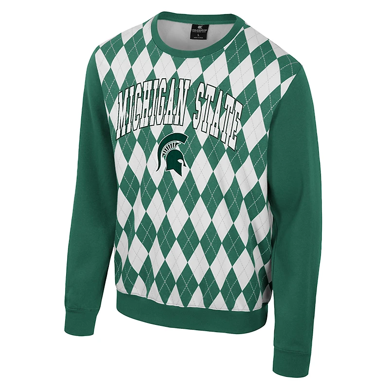 Men's Colosseum Green Michigan State Spartans The Dealio Argyle Pullover Sweatshirt