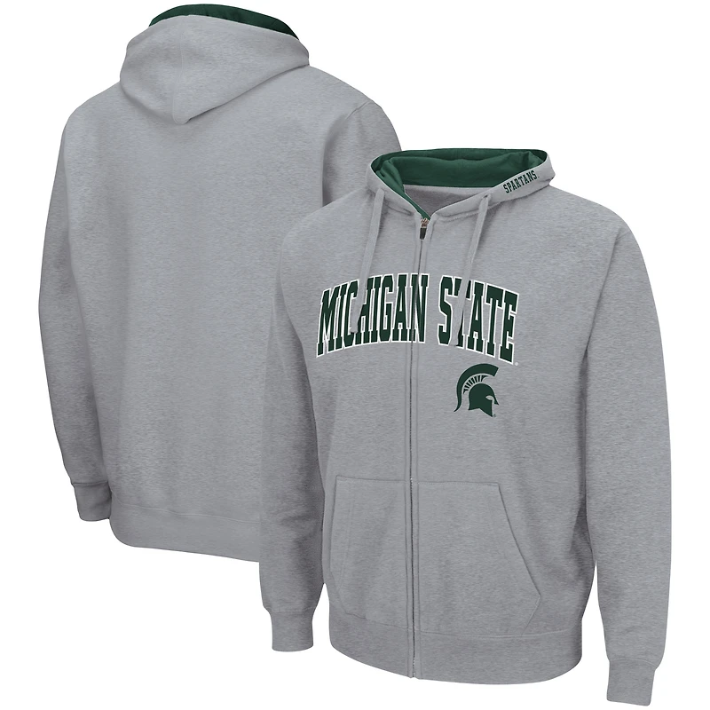 Sweat à capuche zippé Colosseum gris chiné pour homme, avec logo et arche des Spartans de l'Université d'État du Michigan 3.0