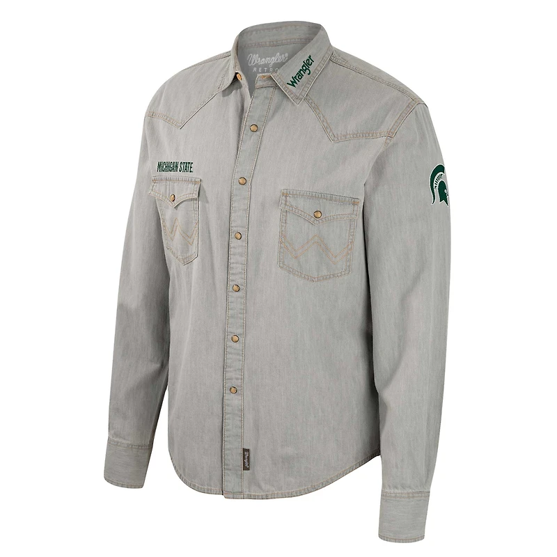 Chemise à manches longues Colosseum x Wrangler pour hommes, grise, Michigan State Spartans, coupe cowboy Western boutons-pression complets