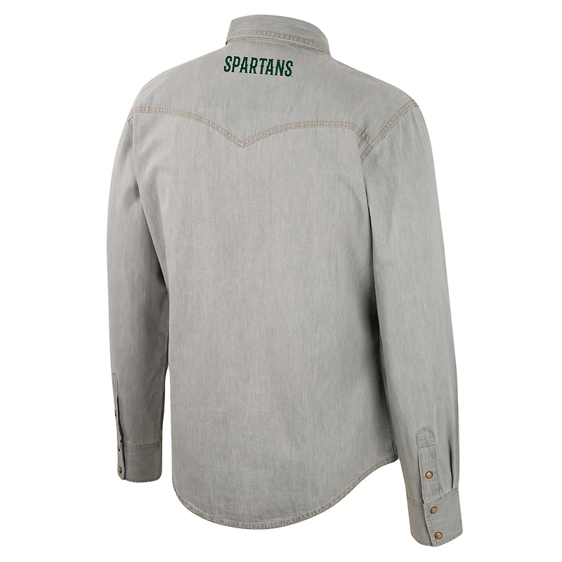 Chemise à manches longues Colosseum x Wrangler pour hommes, grise, Michigan State Spartans, coupe cowboy Western boutons-pression complets