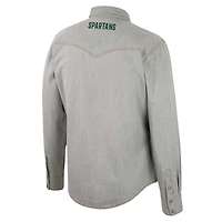 Chemise à manches longues Colosseum x Wrangler pour hommes, grise, Michigan State Spartans, coupe cowboy Western boutons-pression complets