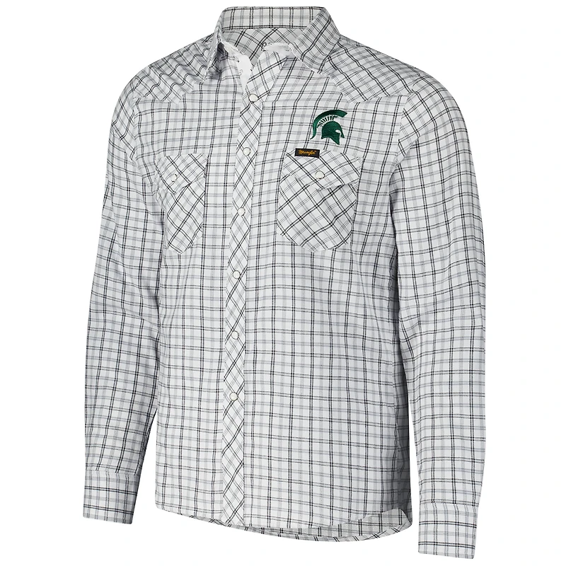 Men's Colosseum x Wrangler White Michigan State Spartans Plaid Window Pane Long Sleeve Full-Snap Shirt