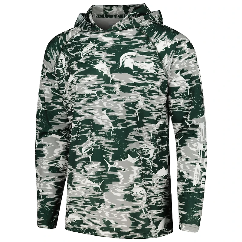 Columbia Green Michigan State Spartans PFG Terminal Tackle Omni-Shade Rippled T-shirt à capuche manches longues pour homme