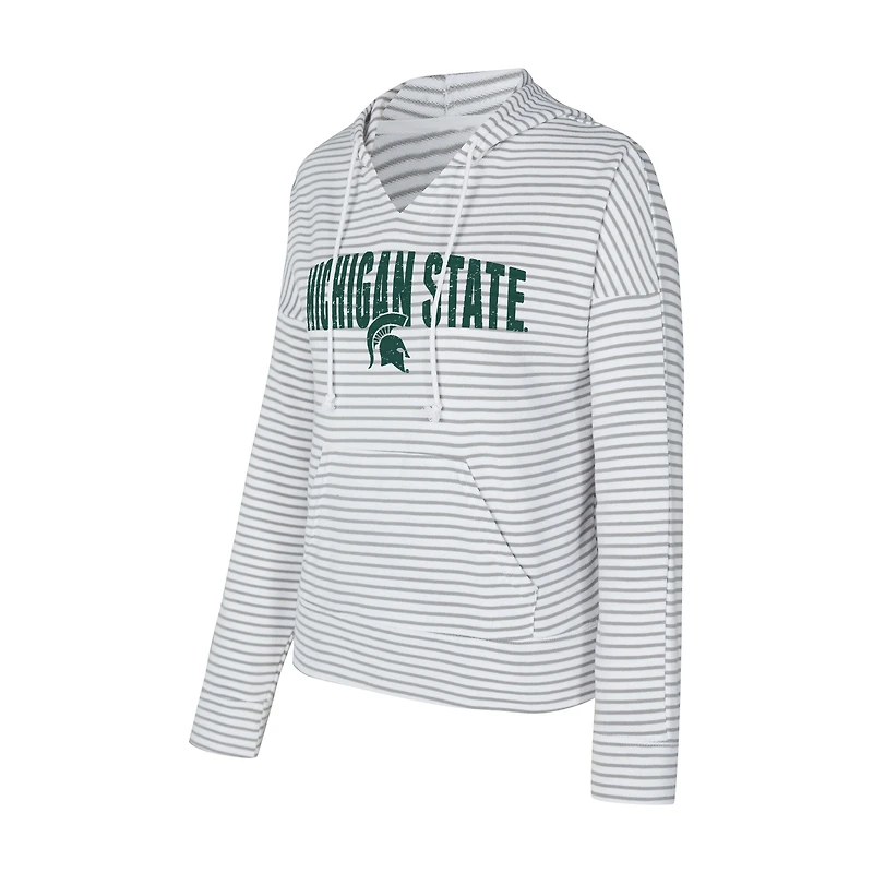 Sweat à capuche rayé col en V et manches longues Concepts Sport blanc/gris des Spartans de l'État du Michigan pour homme