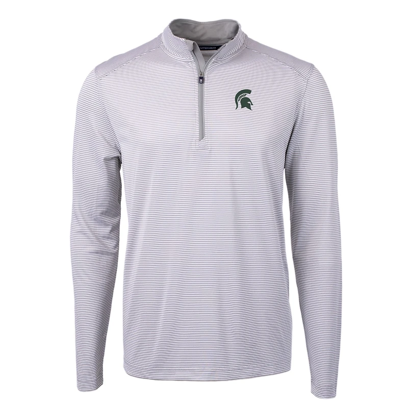 Men's Cutter & Buck  Gray/White Michigan State Spartans Big Tall Virtue Eco Pique Micro Stripe Recycled Quarter-Zip Pullover Top