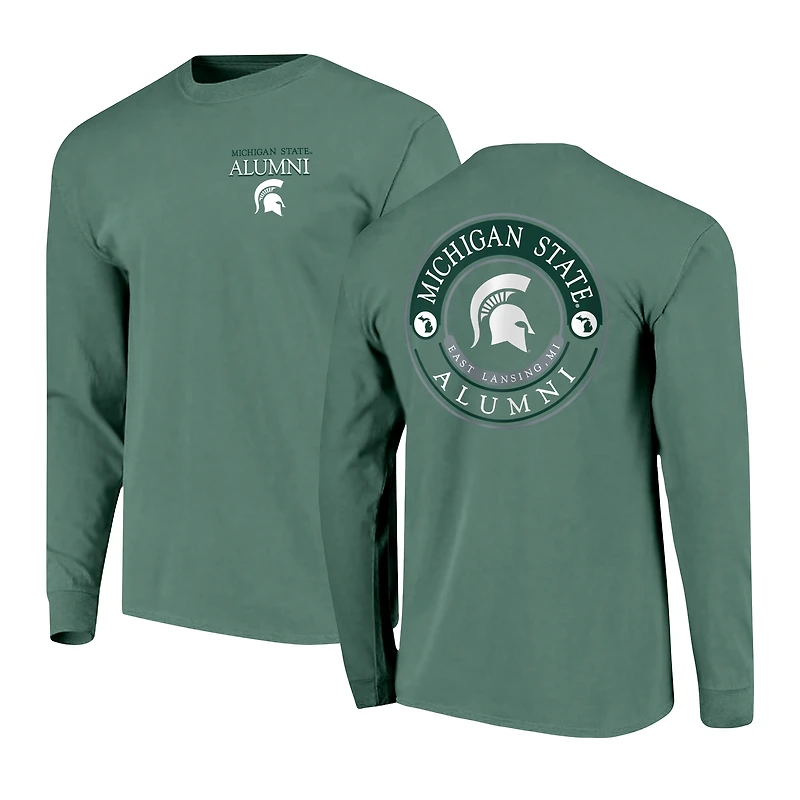 T-shirt à manches longues pour homme, vert, avec le sceau circulaire des Spartans de l'Université d'État du Michigan (anciens élèves)