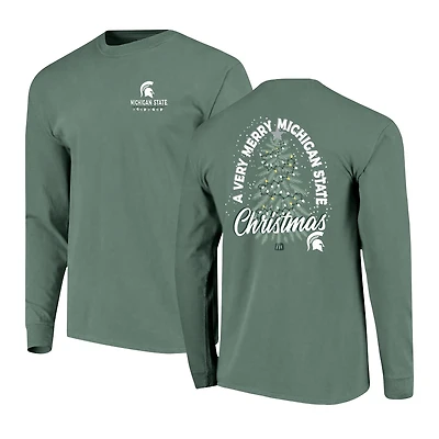Men's  Green Michigan State Spartans Comfort Colors Merry Christmas Tree Long Sleeve T-Shirt