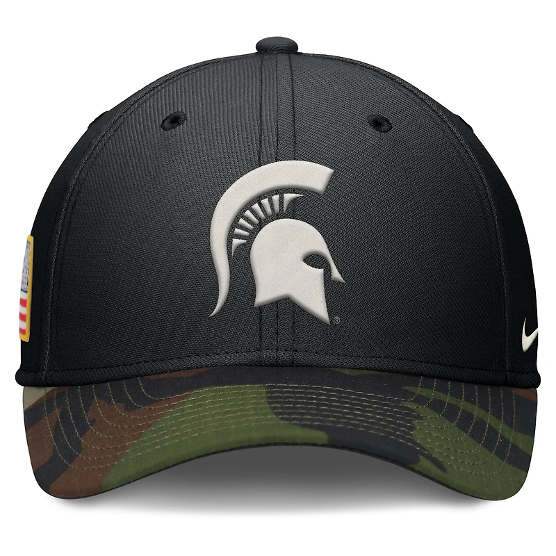 Casquette Nike noire/camouflage Michigan State Spartans 2024 Military Appreciation Rise Swoosh Performance Flex pour homme