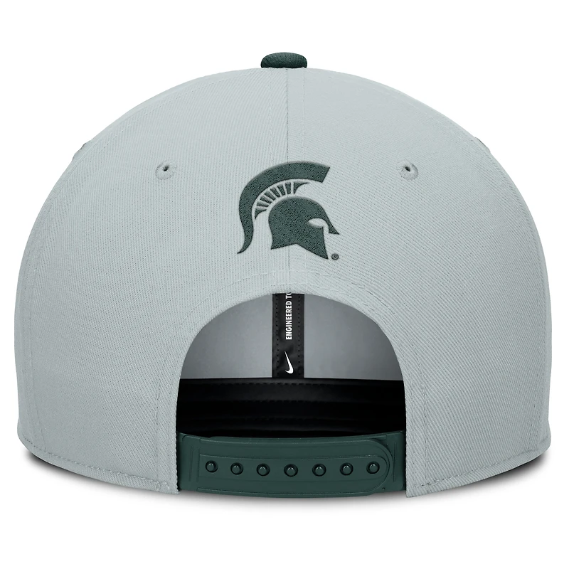 Casquette Nike Michigan State Spartans 2025 Sideline Campus Pro Local Snapback pour homme, gris/vert