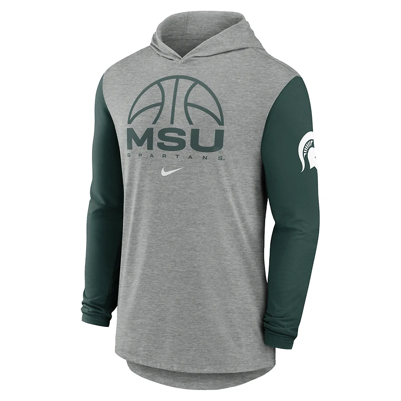 T-shirt à capuche manches longues Nike Michigan State Spartans gris/vert pour homme, color-block, tri-blend, Dri-FIT