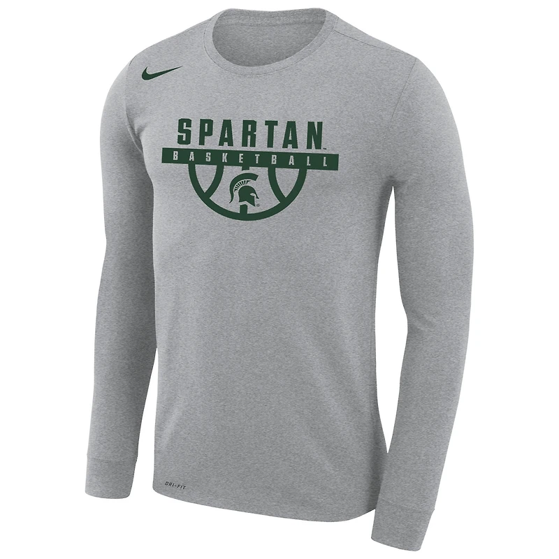 T-shirt de performance à manches longues Nike Michigan State Spartans Basketball Drop Legend pour homme, gris