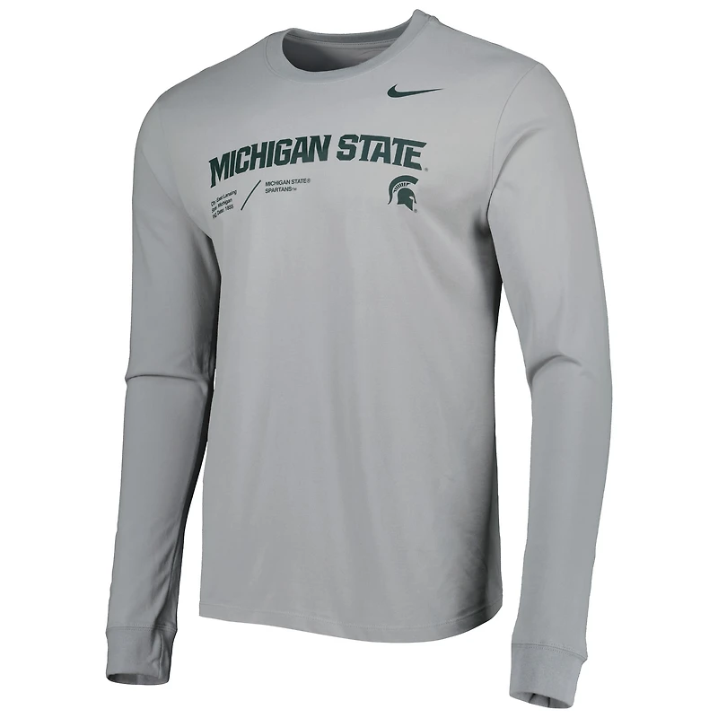 T-shirt à manches longues Nike Michigan State Spartans Team Practice Performance pour homme, gris
