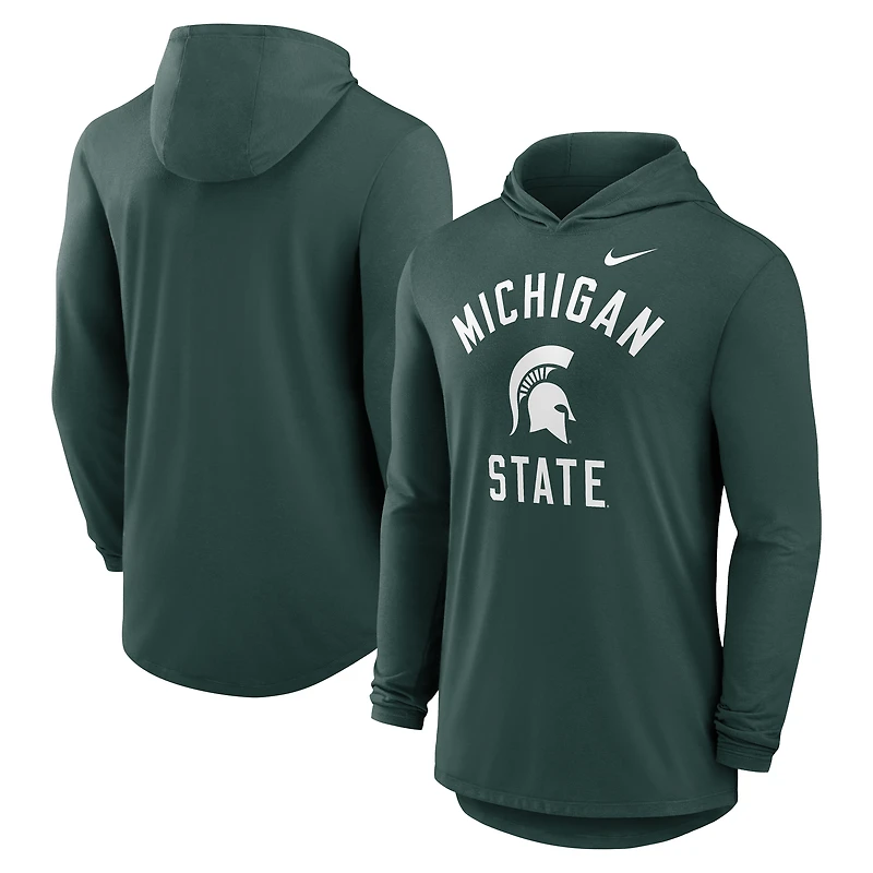 T-shirt à capuche manches longues Nike Michigan State Spartans Classic Arch Tri-Blend Performance pour homme, vert
