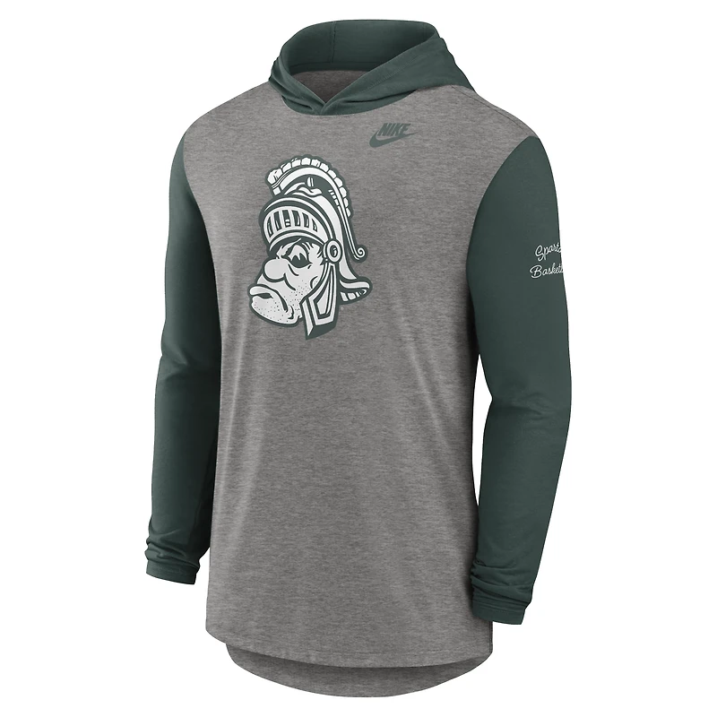 T-shirt à capuche manches longues Nike pour homme, gris chiné/vert, Michigan State Spartans Campus Legacy Tri-Blend