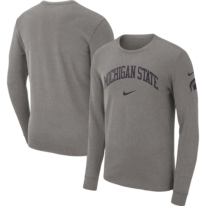 T-shirt à manches longues Nike Michigan State Spartans Arch 2-Hit pour homme, gris chiné