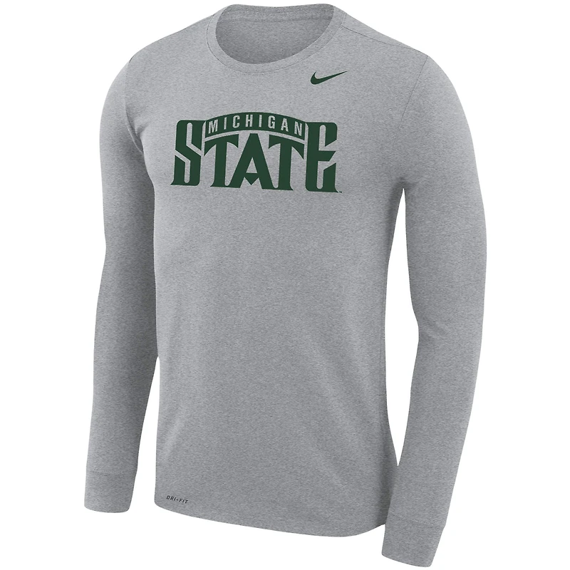 T-shirt à manches longues Nike Heathered Grey pour homme Michigan State Spartans School Wordmark Logo Performance Legend