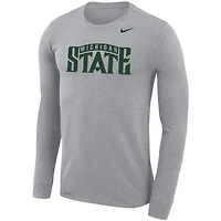T-shirt à manches longues Nike Heathered Grey pour homme Michigan State Spartans School Wordmark Logo Performance Legend
