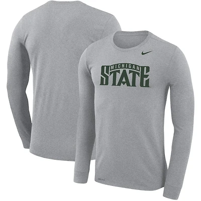 T-shirt à manches longues Nike Heathered Grey pour homme Michigan State Spartans School Wordmark Logo Performance Legend