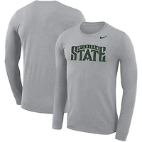 T-shirt à manches longues Nike Heathered Grey pour homme Michigan State Spartans School Wordmark Logo Performance Legend