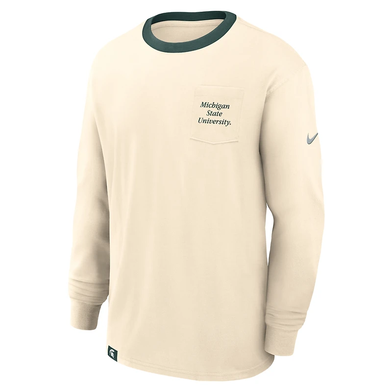 T-shirt à manches longues Nike Natural Michigan State Spartans Athletic Prep Max90 pour homme avec logo et poche