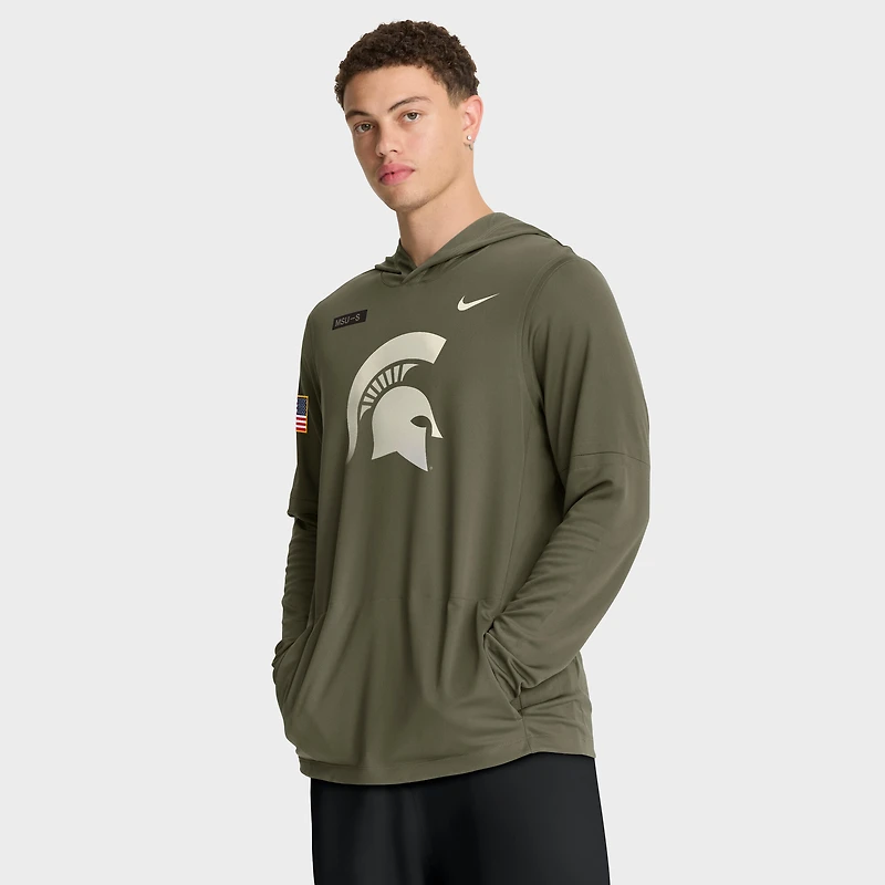 Men's Nike Olive Michigan State Spartans 2025 Military Appreciation Dri-FIT Long Sleeve Hoodie T-Shirt
