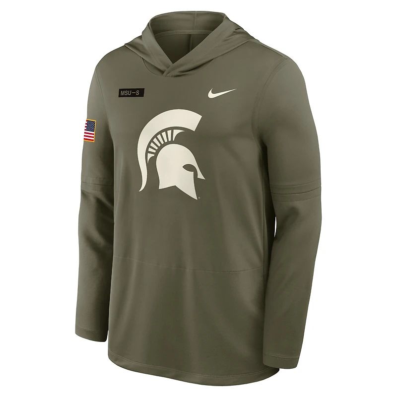 Men's Nike Olive Michigan State Spartans 2025 Military Appreciation Dri-FIT Long Sleeve Hoodie T-Shirt