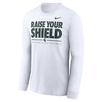 T-shirt à manches longues Nike blanc Michigan State Spartans 2025 pour homme, fan de football, « Raise Your Shield »