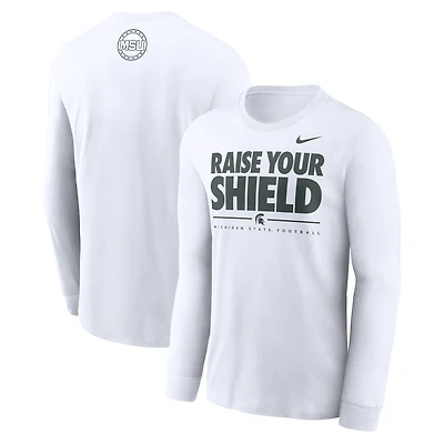 T-shirt à manches longues Nike blanc Michigan State Spartans 2025 pour homme, fan de football, « Raise Your Shield »